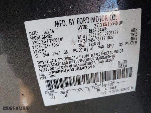 2018 Ford Edge Titanium with VIN 2FMPK4K92JBB67595, listed as a IAAI auction lot 41433020 with 59,316 mi miles. Bid and sale history available at carsss.com. Image 9.