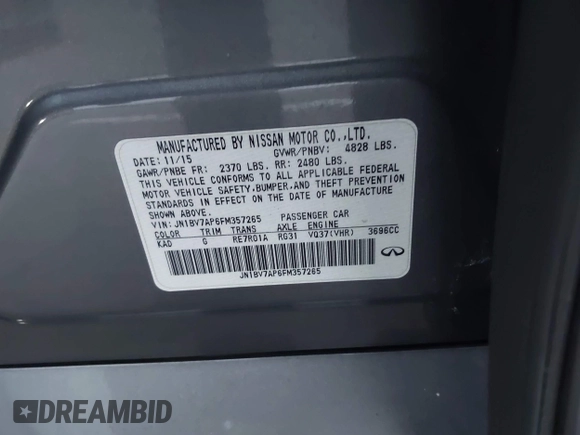 2015 Infiniti Q50 Premium with VIN JN1BV7AP6FM357265, listed as a IAAI auction lot 42104440 with 83,404 mi miles. Bid and sale history available at carsss.com. Image 9.