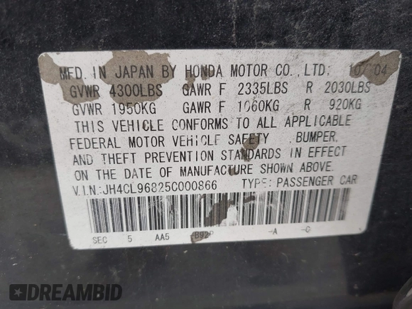 2005 Acura TSX z VIN JH4CL96825C000866, wystawiony jako IAAI lot #42505348 z przebiegiem 160 956 mil mil oraz . Historia ofert i sprzedaży dostępna na DreamBid. Obrazek 9.