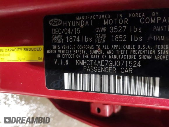 2016 Hyundai Accent SE with VIN KMHCT4AE7GU071524, listed as a IAAI auction lot 41973414 with 97,923 mi miles. Bid and sale history available at carsss.com. Image 9.