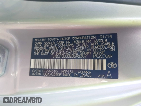2014 Toyota Yaris L with VIN JTDJTUD33ED592307, listed as a IAAI auction lot 41418409 with 91,209 mi miles and . Bid and sale history available at DreamBid. Image 9.