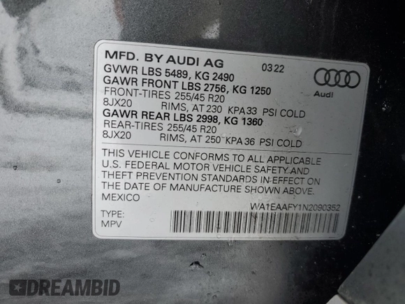 2022 Audi Q5 S line Premium Plus with VIN WA1EAAFY1N2090352, listed as a Copart auction lot 44381355 with 0 mi miles and Salvage Title. Bid and sale history available at carsss.com. Image 13.