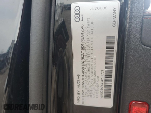 2018 Audi S4 Prestige with VIN WAUC4AF44JA233759, listed as a Copart auction lot 60683714 with 66,599 mi miles and Non Repairable. Bid and sale history available at carsss.com. Image 14.