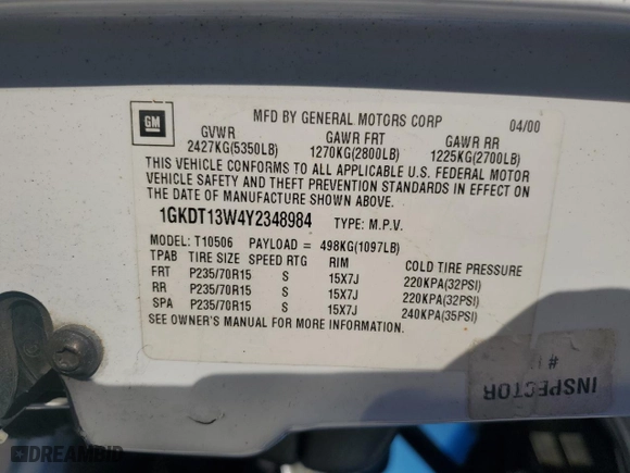 2000 GMC Envoy with VIN 1GKDT13W4Y2348984, listed as a Copart auction lot 89062865 with 159,592 mi miles and Salvage Title. Bid and sale history available at carsss.com. Image 16.
