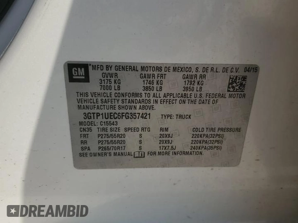 2015 GMC Sierra 1500 SLE z VIN 3GTP1UEC6FG357421, wystawiony jako Copart lot #47103855 z przebiegiem 118 310 mil mil oraz Szkoda całkowita • Salvage title. Historia ofert i sprzedaży dostępna na DreamBid. Obrazek 12.