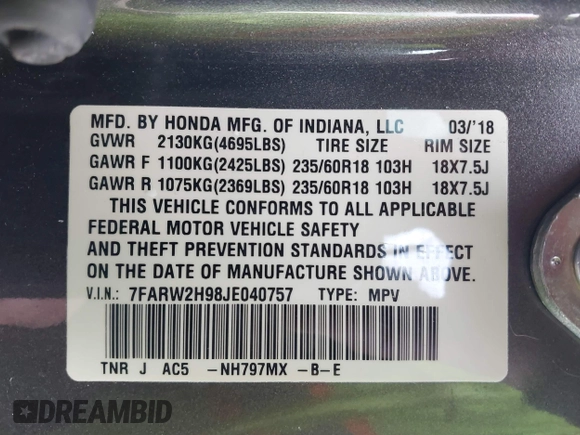 2018 Honda CR-V Touring with VIN 7FARW2H98JE040757, listed as a IAAI auction lot 42044927 with 1 mi miles. Bid and sale history available at carsss.com. Image 9.