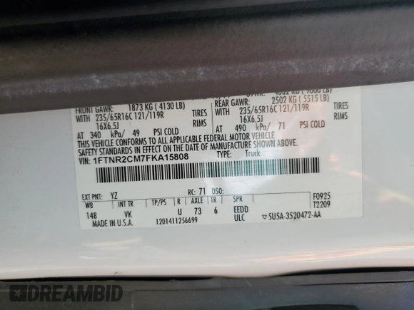 2015 Ford Transit Cargo with VIN 1FTNR2CM7FKA15808, listed as a Copart auction lot 55342165 with 98,996 mi miles and Salvage Title. Bid and sale history available at DreamBid. Image 13.