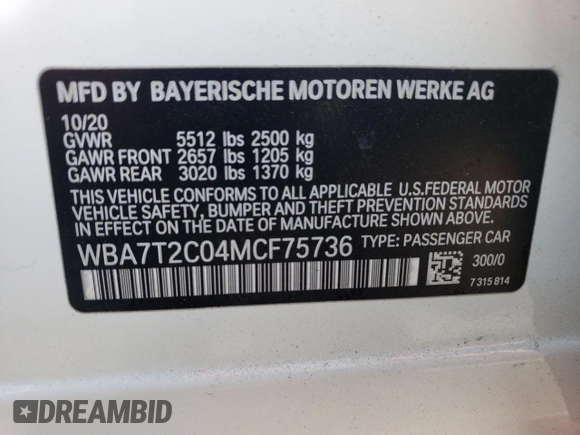 2021 BMW 7 Series 740i with VIN WBA7T2C04MCF75736, listed as a Copart auction lot 70549533 with 70,829 mi miles. Bid and sale history available at carsss.com. Image 12.