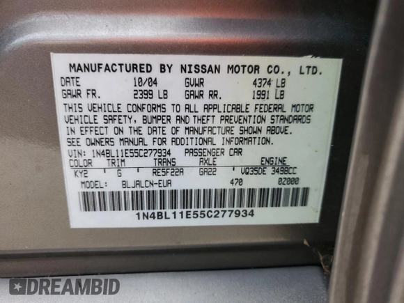 2005 Nissan Altima SE with VIN 1N4BL11E55C277934, listed as a Copart auction lot 76539694 with 0 mi miles and Salvage Title. Bid and sale history available at carsss.com. Image 13.