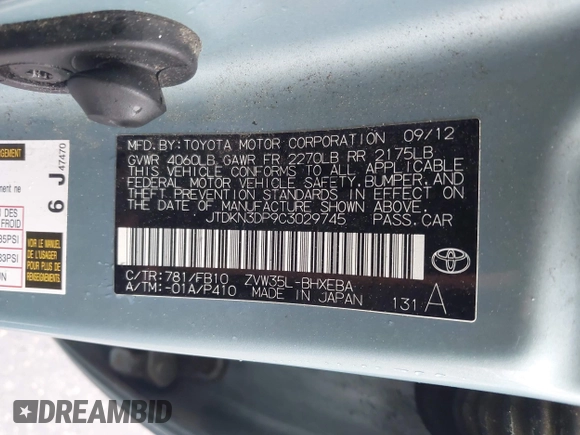 2012 Toyota Prius z VIN JTDKN3DP9C3029745, wystawiony jako IAAI lot #42480031 z przebiegiem 220 754 mil mil oraz . Historia ofert i sprzedaży dostępna na DreamBid. Obrazek 9.
