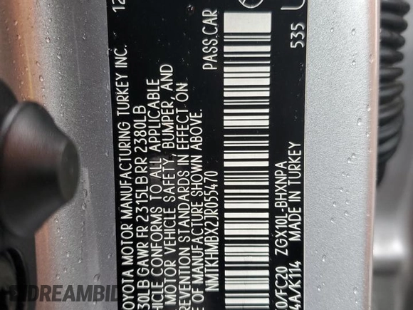 2018 Toyota C-HR XLE with VIN NMTKHMBX2JR055470, listed as a Copart auction lot 60122995 with 48,778 mi miles and Salvage title. Bid and sale history available at DreamBid. Image 13.