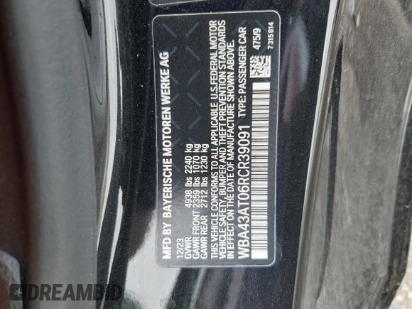 2024 BMW 4 Series 430i xDrive with VIN WBA43AT06RCR39091, listed as a Copart auction lot 85021434 with 23,956 mi miles and Clean Title. Bid and sale history available at carsss.com. Image 12.
