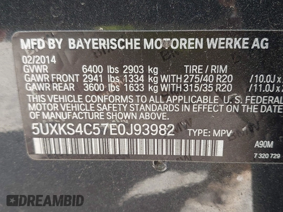 2014 BMW X5 xDrive35d with VIN 5UXKS4C57E0J93982, listed as a IAAI auction lot 42085173 with 169,908 mi miles. Bid and sale history available at carsss.com. Image 9.