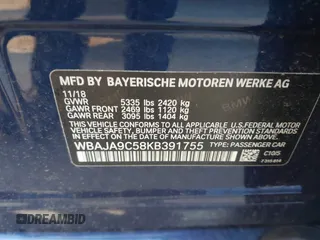 2019 BMW 5 Series 530e with VIN WBAJA9C58KB391755, listed as a IAAI auction lot 42659993 with 56,296 mi miles and . Bid and sale history available at DreamBid. Image 9.