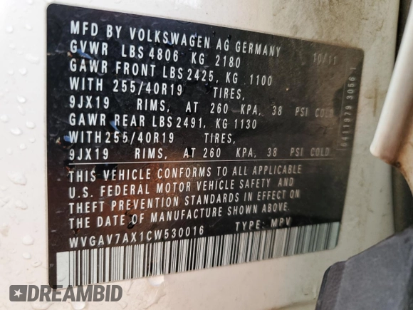 2012 Volkswagen Tiguan SE with VIN WVGAV7AX1CW530016, listed as a Copart auction lot 48551935 with 102,455 mi miles and Salvage Title. Bid and sale history available at DreamBid. Image 13.