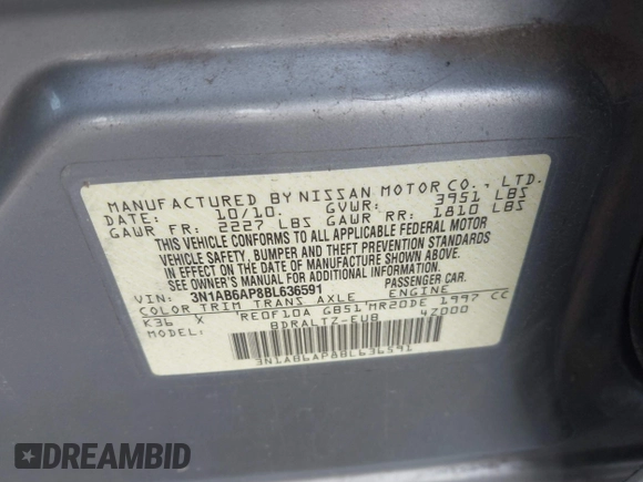 2011 Nissan Sentra SR with VIN 3N1AB6AP8BL636591, listed as a IAAI auction lot 41617595 with 189,995 mi miles and . Bid and sale history available at DreamBid. Image 9.