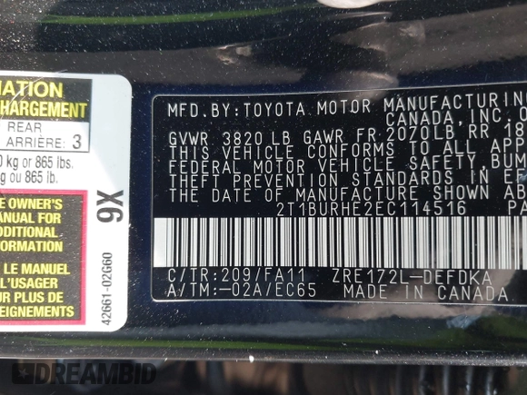 2014 Toyota Corolla L with VIN 2T1BURHE2EC114516, listed as a IAAI auction lot 42465593 with 137,440 mi miles and . Bid and sale history available at DreamBid. Image 9.