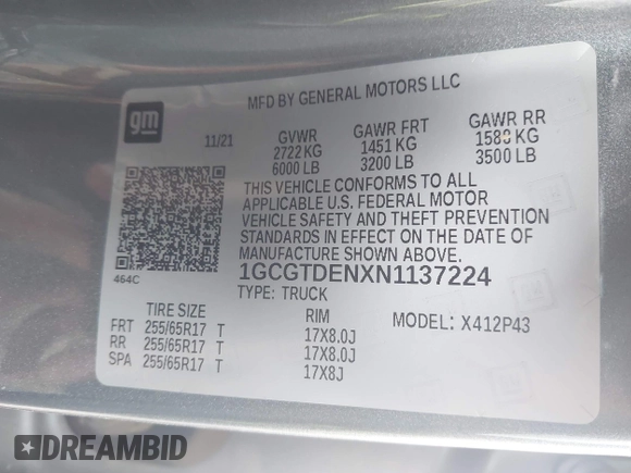 2022 Chevrolet Colorado 4WD Z71 с VIN 1GCGTDENXN1137224, выставлен на аукционе IAAI как лот 42756568 с пробегом 52 369 миль миль и . История ставок и продаж доступна на DreamBid. Изображение 9.