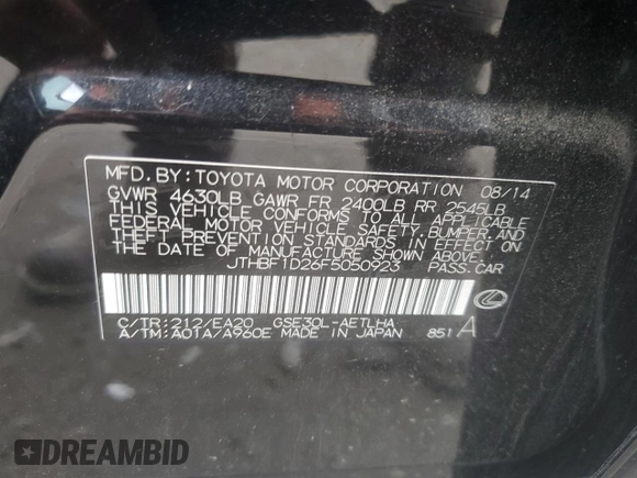 2015 Lexus IS 250 with VIN JTHBF1D26F5050923, listed as a Copart auction lot 62883455 with 89,860 mi miles and Salvage title. Bid and sale history available at DreamBid. Image 12.