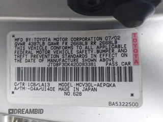 2002 Toyota Camry XLE z VIN JTDBF30K420083381, wystawiony jako IAAI lot #42368073 z przebiegiem 148 746 mil mil oraz . Historia ofert i sprzedaży dostępna na DreamBid. Obrazek 9.