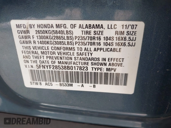 2008 Honda Pilot EX-L with VIN 5FNYF28538B017823, listed as a IAAI auction lot 42157448 with 128,167 mi miles and . Bid and sale history available at DreamBid. Image 9.