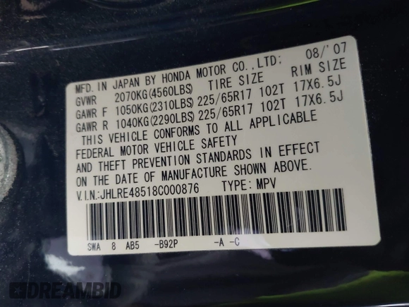2008 Honda CR-V EX with VIN JHLRE48518C000876, listed as a IAAI auction lot 41969214 with 187,470 mi miles. Bid and sale history available at carsss.com. Image 9.