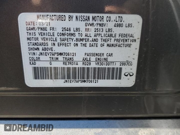 2021 Infiniti Q50 Pure with VIN JN1EV7AP5MM706121, listed as a Copart auction lot 53731965 with 76,603 mi miles and Salvage Title. Bid and sale history available at DreamBid. Image 12.