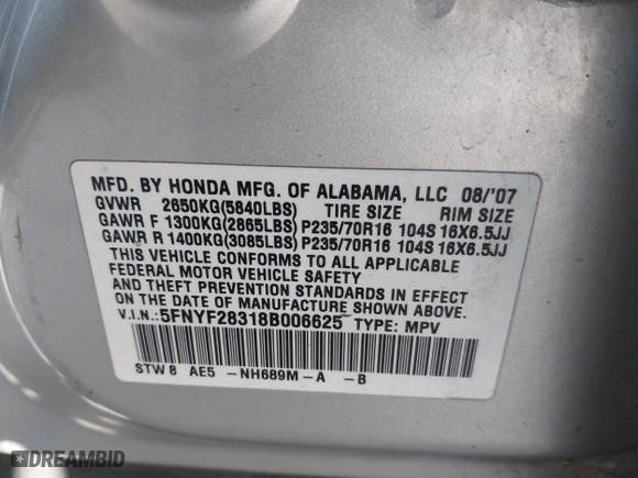 2008 Honda Pilot SE with VIN 5FNYF28318B006625, listed as a IAAI auction lot 41959923 with 140,258 mi miles. Bid and sale history available at carsss.com. Image 9.
