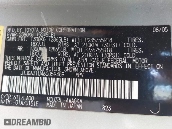 2006 Lexus RX 330 with VIN JTJGA31U460059489, listed as a IAAI auction lot 42474151 with 252,233 mi miles and . Bid and sale history available at DreamBid. Image 9.