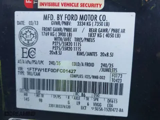 2013 Ford F-150 XL with VIN 1FTFW1EF0DFC01427, listed as a IAAI auction lot 41439346 with 89,506 mi miles. Bid and sale history available at carsss.com. Image 9.