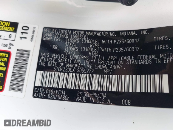 2020 Toyota Sienna LE Auto Access Seat with VIN 5TDKZ3DCXLS059272, listed as a IAAI auction lot 42279808 with 2 mi miles and . Bid and sale history available at DreamBid. Image 9.