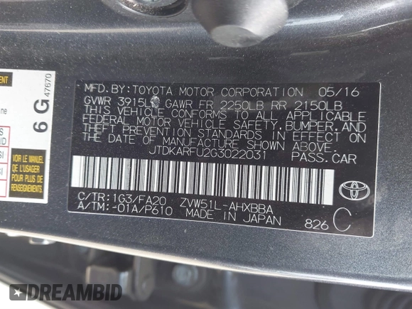 2016 Toyota Prius Four z VIN JTDKARFU2G3022031, wystawiony jako IAAI lot #41631802 z przebiegiem 151 389 mil mil oraz . Historia ofert i sprzedaży dostępna na DreamBid. Obrazek 9.