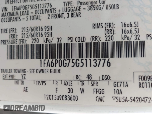 2016 Ford Fusion S with VIN 1FA6P0G75G5113776, listed as a IAAI auction lot 42553685 with 191,001 mi miles and . Bid and sale history available at DreamBid. Image 9.