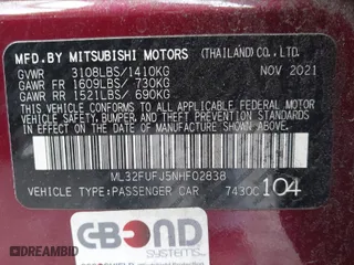 2022 Mitsubishi Mirage G4 ES with VIN ML32FUFJ5NHF02838, listed as a IAAI auction lot 41468834 with 83,836 mi miles. Bid and sale history available at carsss.com. Image 9.