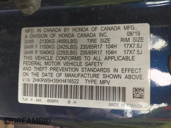 2019 Honda CR-V LX with VIN 2HKRW5H35KH416522, listed as a IAAI auction lot 41799146 with 105,530 mi miles and . Bid and sale history available at DreamBid. Image 9.