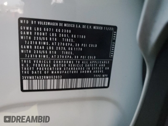 2024 Volkswagen Tiguan SE с VIN 3VVMB7AX2RM052032, выставлен на аукционе Copart как лот 85764774 с пробегом 11 763 миль миль и Списание • Salvage title. История ставок и продаж доступна на DreamBid. Изображение 13.