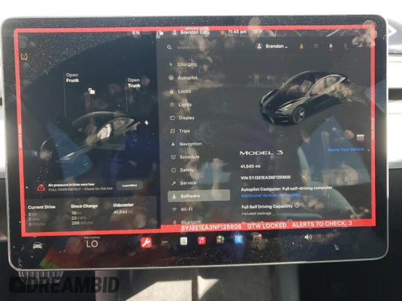 2022 Tesla Model 3 with VIN 5YJ3E1EA3NF125606, listed as a Copart auction lot 49087955 with 41,543 mi miles and Salvage Title. Bid and sale history available at carsss.com. Image 9.