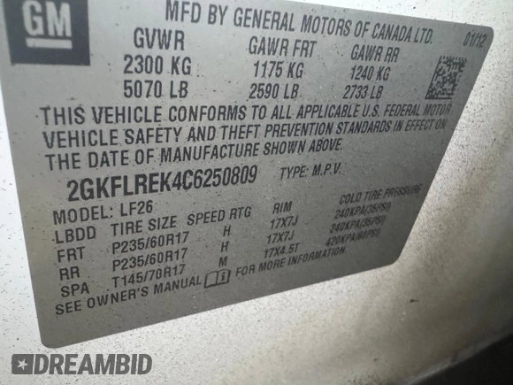 2012 GMC Terrain SLE-1 with VIN 2GKFLREK4C6250809, listed as a Copart auction lot 63149225 with 119,461 mi miles and Clean title. Bid and sale history available at DreamBid. Image 10.