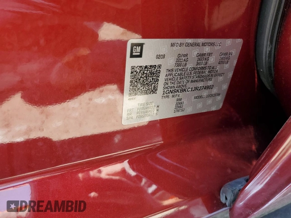 2018 Chevrolet Tahoe LT with VIN 1GNSKBKC1JR274902, listed as a Copart auction lot 62275875 with 96,726 mi miles and Salvage title. Bid and sale history available at DreamBid. Image 13.