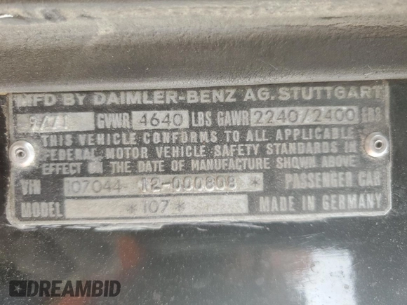 1972 Mercedes-Benz E with VIN 10704412000808, listed as a Copart auction lot 55909485 with 82,523 mi miles and Non Repairable. Bid and sale history available at DreamBid. Image 12.