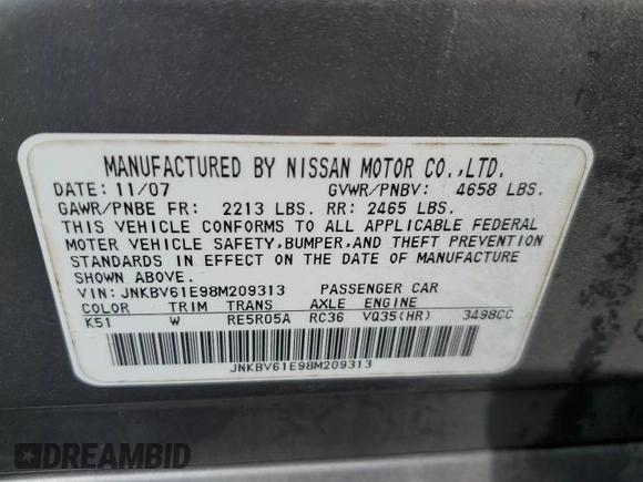 2008 Infiniti G35 with VIN JNKBV61E98M209313, listed as a Copart auction lot 73354104 with 227,334 mi miles and Salvage Title. Bid and sale history available at DreamBid. Image 12.
