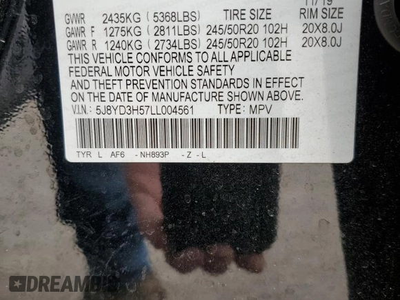 2020 Acura MDX w/Technology Pkg with VIN 5J8YD3H57LL004561, listed as a Copart auction lot 49437885 with 43,334 mi miles and Salvage Title. Bid and sale history available at carsss.com. Image 13.