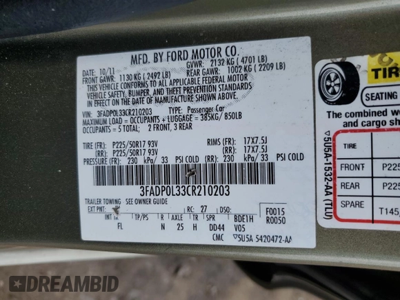 2012 Ford Fusion Hybrid z VIN 3FADP0L33CR210203, wystawiony jako Copart lot #59774345 z przebiegiem 132 152 mil mil oraz Szkoda całkowita • Salvage title. Historia ofert i sprzedaży dostępna na DreamBid. Obrazek 12.