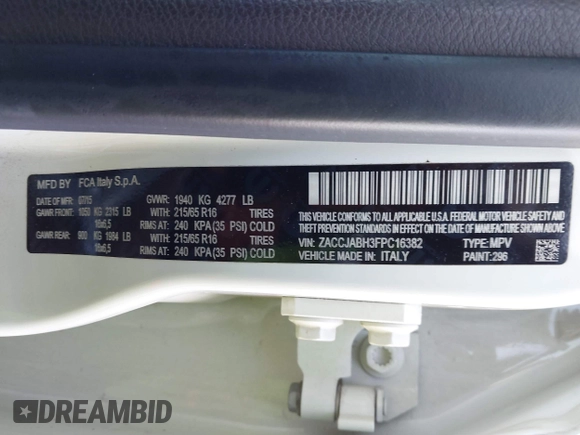 2015 Jeep Renegade Latitude with VIN ZACCJABH3FPC16382, listed as a IAAI auction lot 41858285 with 163,408 mi miles. Bid and sale history available at carsss.com. Image 9.
