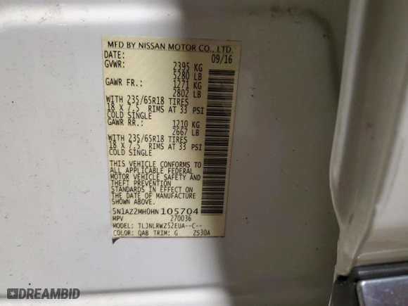 2017 Nissan Murano SL with VIN 5N1AZ2MH0HN105704, listed as a Copart auction lot 88717435 with 66,437 mi miles and Salvage Title. Bid and sale history available at carsss.com. Image 15.