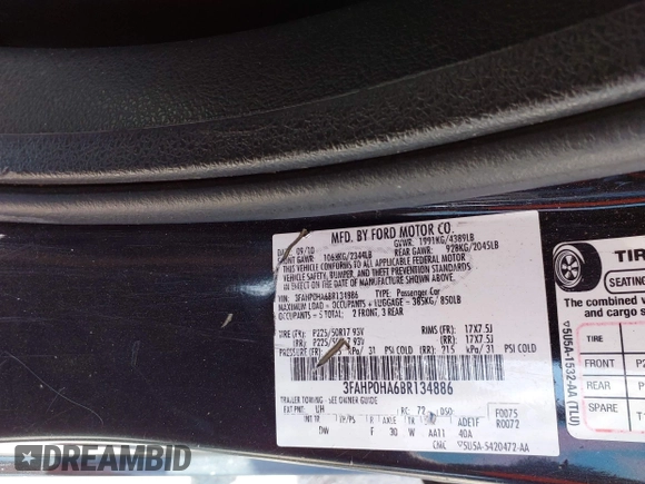 2011 Ford Fusion SE with VIN 3FAHP0HA6BR134886, listed as a IAAI auction lot 42055974 with 275,118 mi miles and . Bid and sale history available at carsss.com. Image 9.