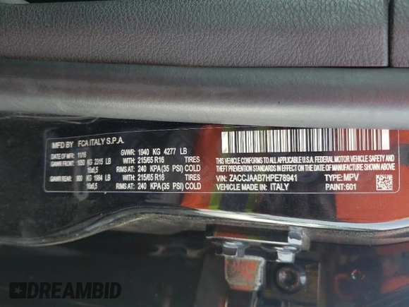 2017 Jeep Renegade Sport with VIN ZACCJAAB7HPE78941, listed as a Copart auction lot 56393015 with 99,538 mi miles and Salvage title. Bid and sale history available at DreamBid. Image 13.