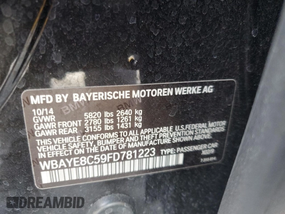 2015 BMW 7 Series 750Li with VIN WBAYE8C59FD781223, listed as a Copart auction lot 54944265 with 125,203 mi miles and Salvage title. Bid and sale history available at DreamBid. Image 12.