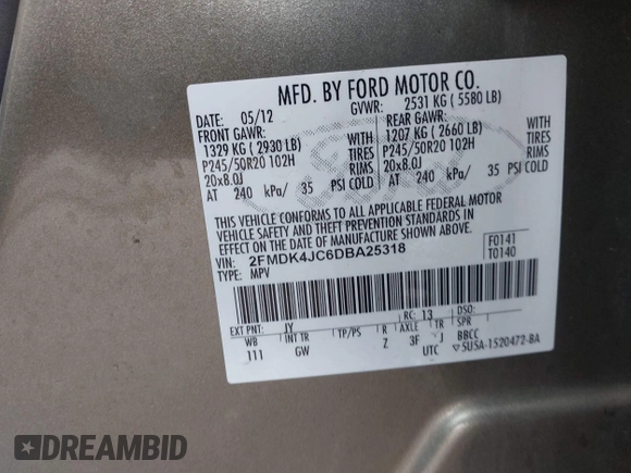 2013 Ford Edge SEL with VIN 2FMDK4JC6DBA25318, listed as a IAAI auction lot 42026890 with 122,505 mi miles. Bid and sale history available at carsss.com. Image 9.