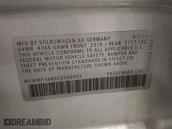 2012 Volkswagen CC Sport with VIN WVWMP7AN5CE506043, listed as a Copart auction lot 79769504 with 160,244 mi miles and Salvage Title. Bid and sale history available at DreamBid. Image 12.